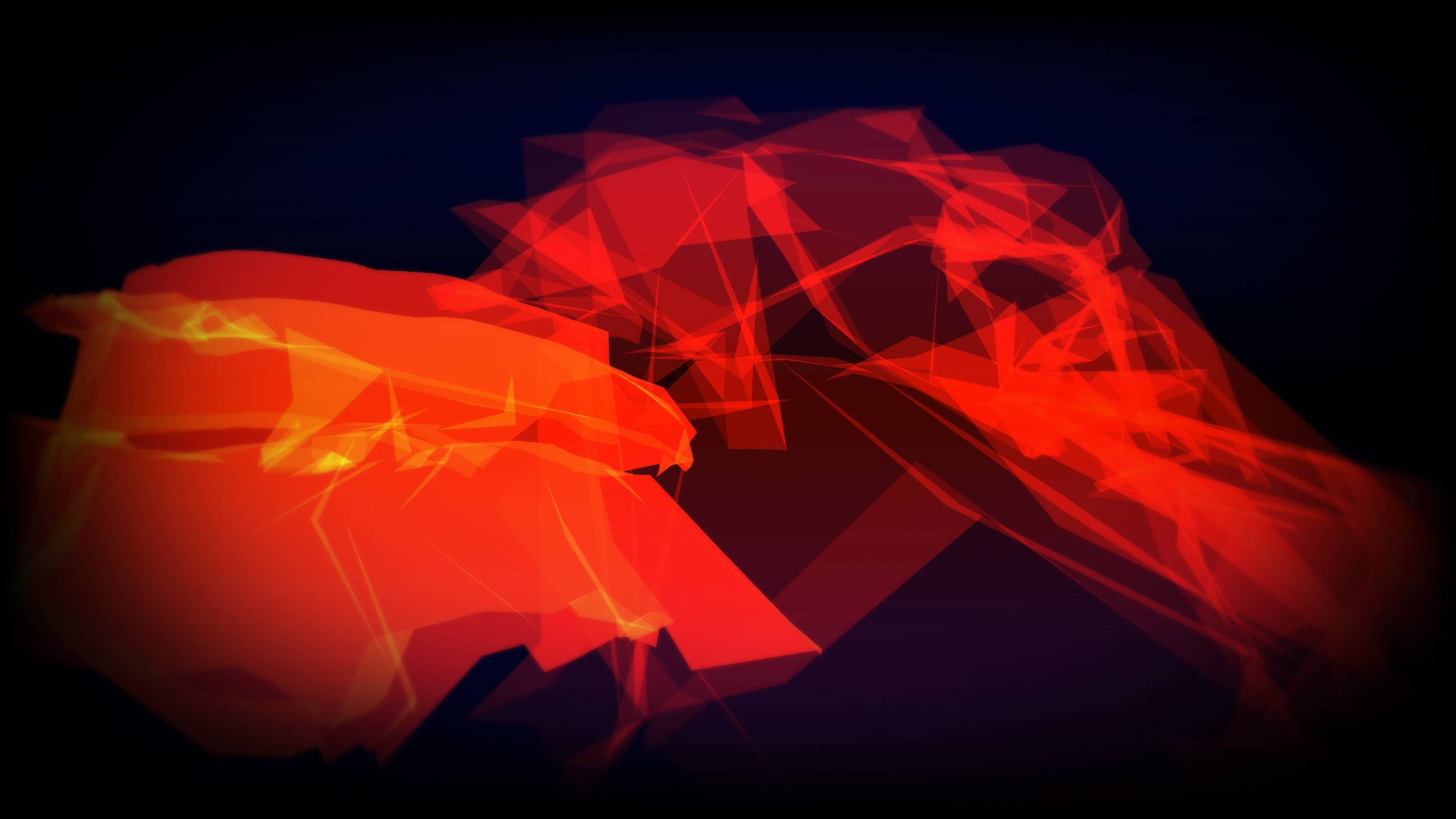 Screen grab of ephemeral red & yellow polygonal trails on a red background as read from ESDC dancer movment.