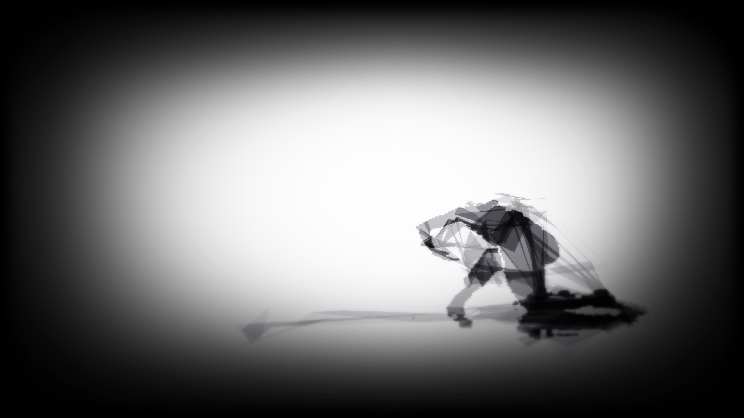 Screen grab of ephemeral grey polygonal trails and pixelated dancer silhouette on a light grey background as read from ESDC dancer movment.