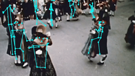 Animated GIF sample of body feature detection leveraging PoseNet on western wardrobe and choreography from Dance and Human History by Alan Lomax.