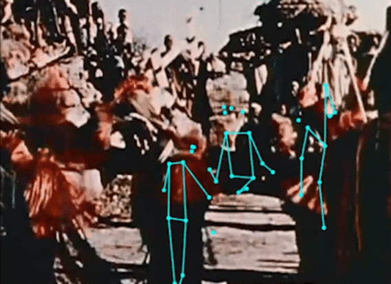 Animated GIF sample of body feature detection leveraging PoseNet on non-wesetern wardrobe and choreography from Dance and Human History by Alan Lomax..